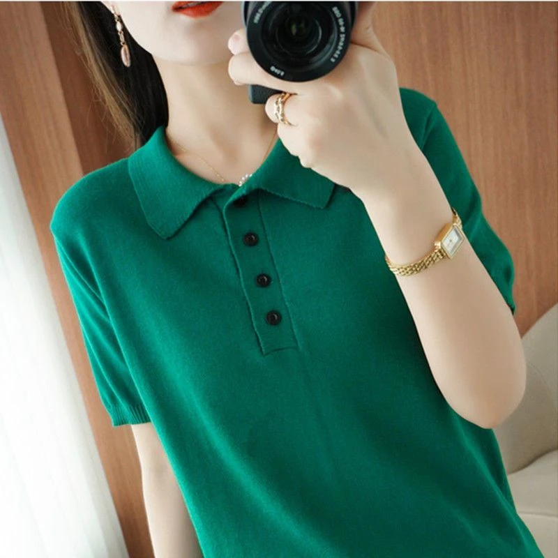 棉线针织衫短袖薄款大码宽松妈妈装翻领领带扣衣上衣