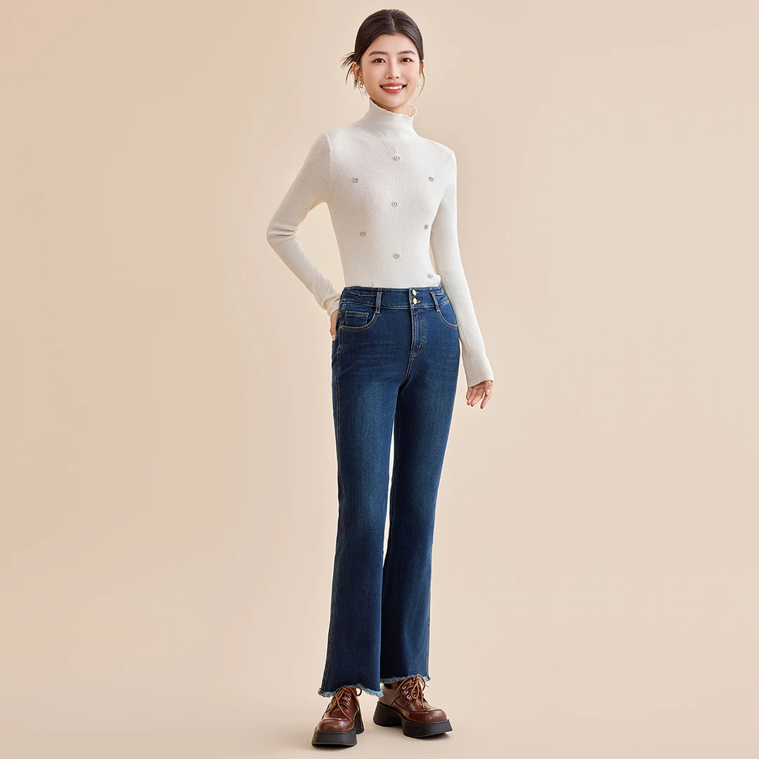 GOOBGS/谷邦GOOBGS【加绒】高腰喇叭牛仔裤女复古弹力G4495071-6