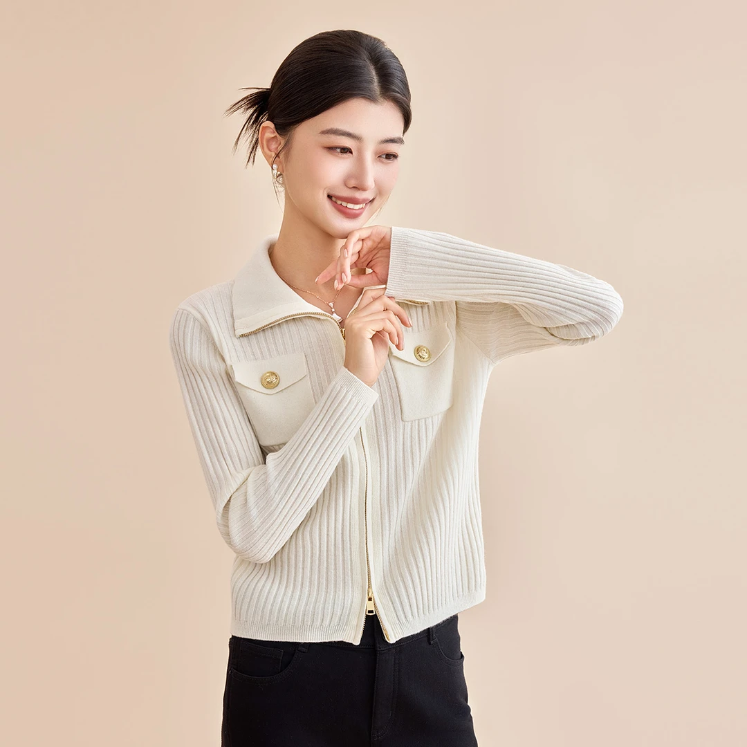 GOOBGS绵羊毛针织开衫女高翻领打底气质毛衫G4471068-6