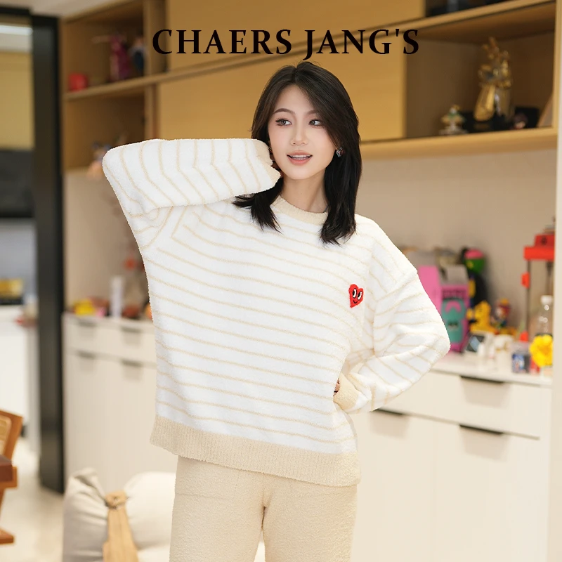 【查尔斯桃心·品牌专卖】软绵绵睡衣加厚保暖条纹家居服套装