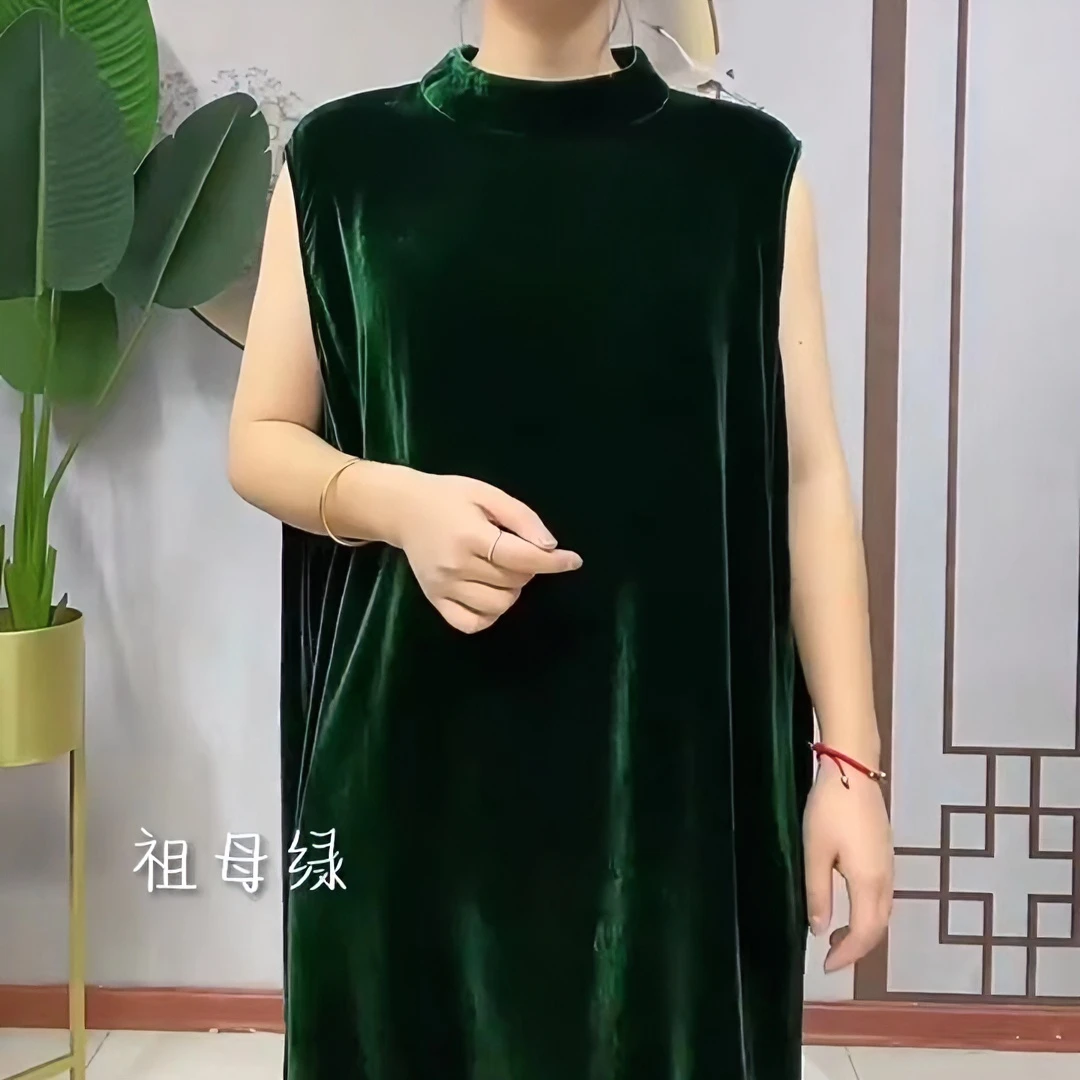 【名依坊优选】新款桑蚕丝植绒显瘦百搭无袖大衫纯色圆领长款上衣