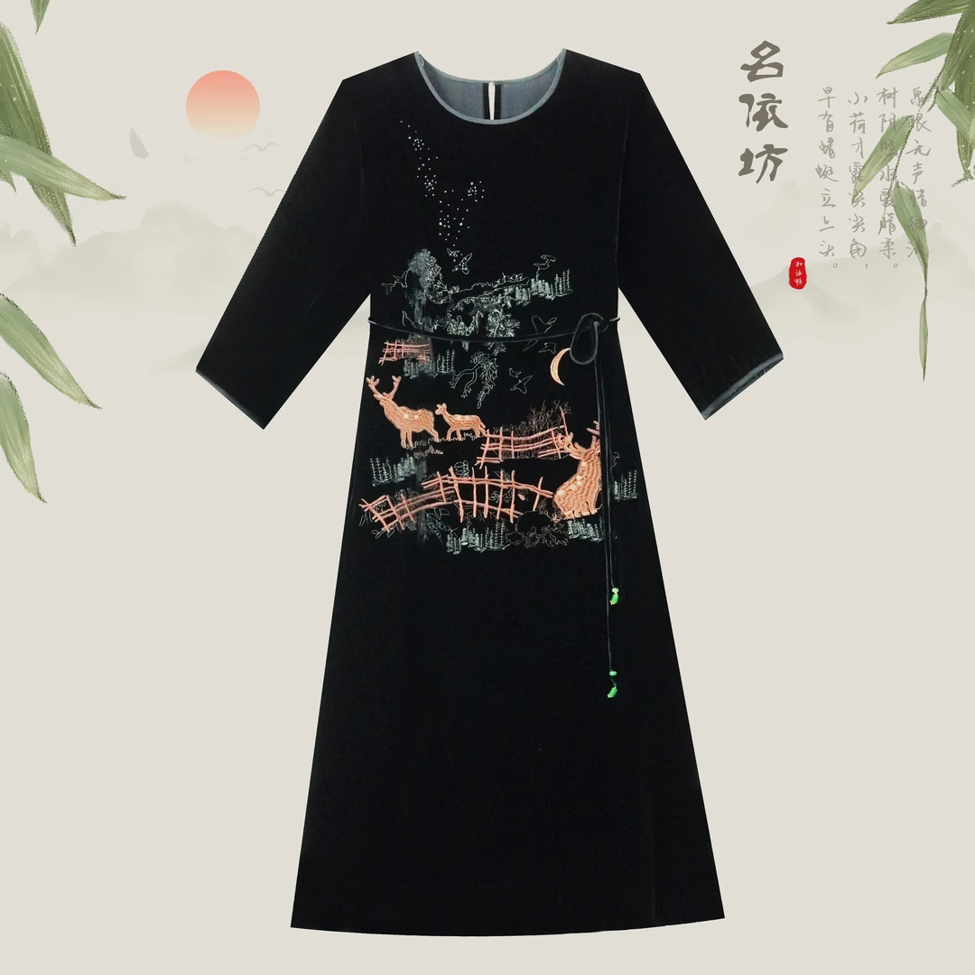 【名依坊精选】复古圆领女士国风时尚黑色显瘦复古气质百搭连衣裙37