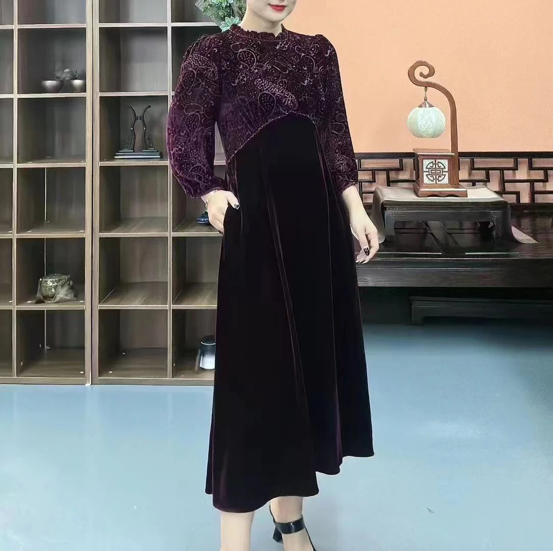 【名衣坊精选】新款时尚镂空拼接显瘦蚕丝织绒四季洋气百搭气质长裙