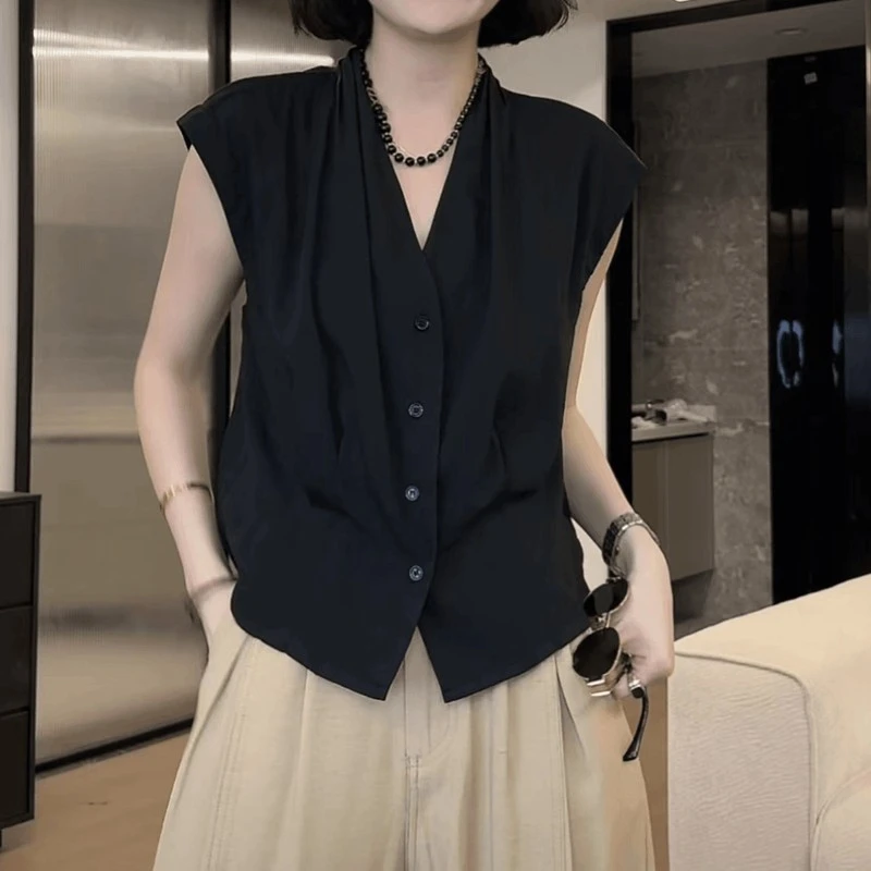 贵气法式小众设计无袖V领简约百搭透气薄款复古宽松衬衫女ins上衣