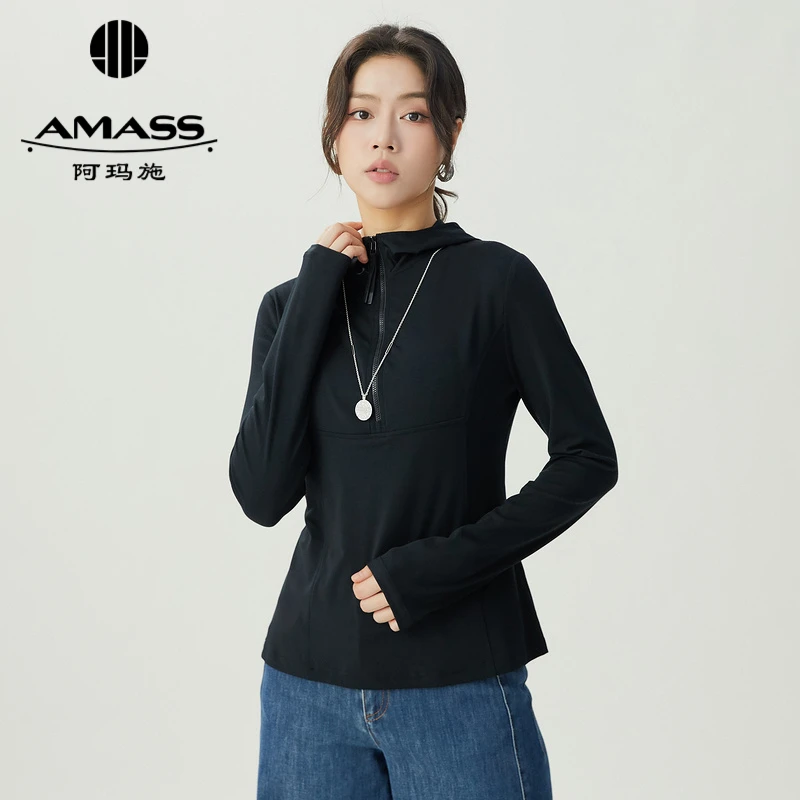 AMASS阿玛施  显瘦长袖设计感灰色时尚质感修身连帽卫衣  5301062