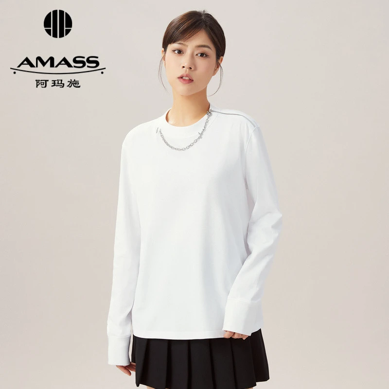 AMASS阿玛施 简约素面链条设计百搭圆领长袖纯T 5300993 时尚宽松