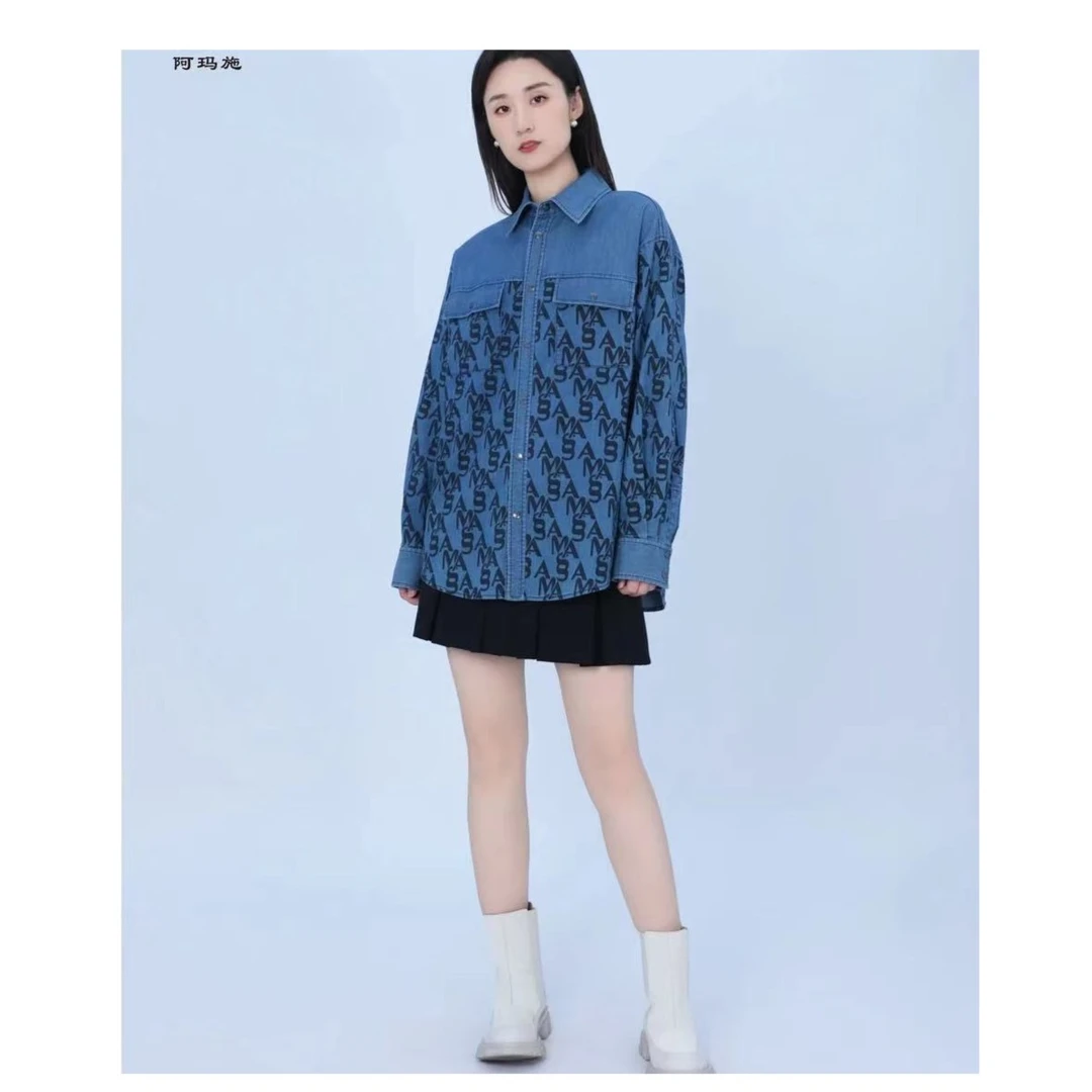 AMASS阿玛施 新款字母印花牛仔衬衫5300971 长袖潮流宽松复古休闲