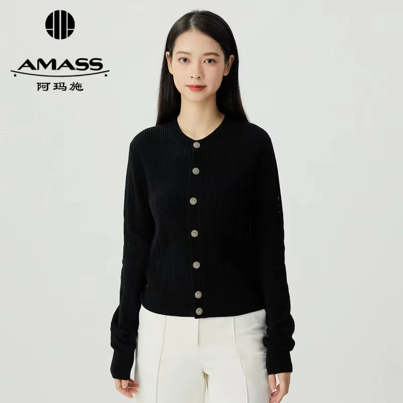 AMASS阿玛施 简约竖坑条圆领羊绒针织开衫5499241 长袖针织衫气质