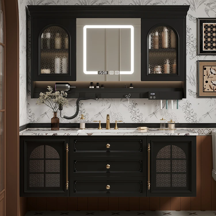 法式复古实木热湾一体盆浴室柜组合岩板无缝一体盆洗漱洗手洗脸盆