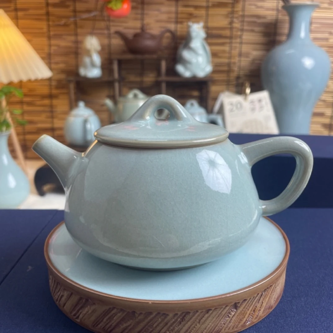 青荷轩省工汝瓷石瓢壶200ml纯手工微瑕天青原矿汝窑茶壶泡茶壶