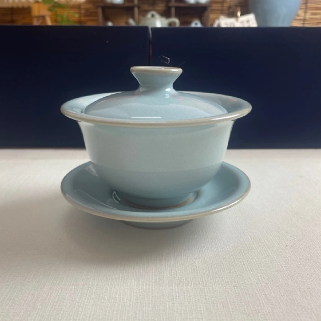 青荷轩汝瓷省工老师三才元宝盖碗180ml大容量纯手工天青汝瓷汝窑