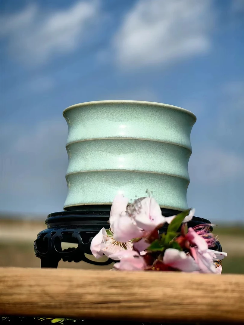 青荷轩省工竹节杯80ml微瑕纯手工原矿天青色汝窑主人杯汝瓷