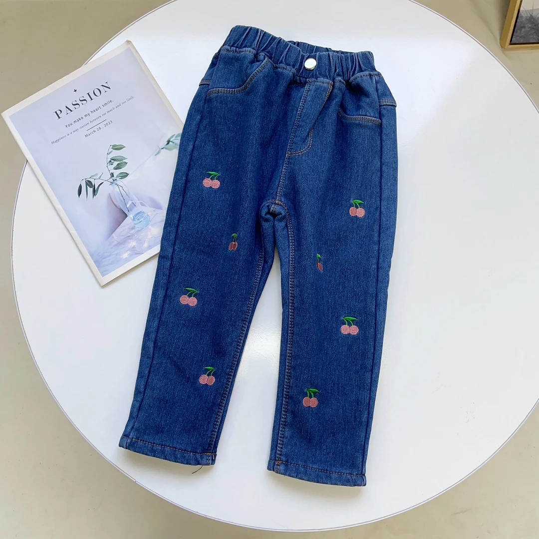 N5027儿童童装秋冬通用萌娃穿搭 樱桃加绒小脚牛仔裤A2750