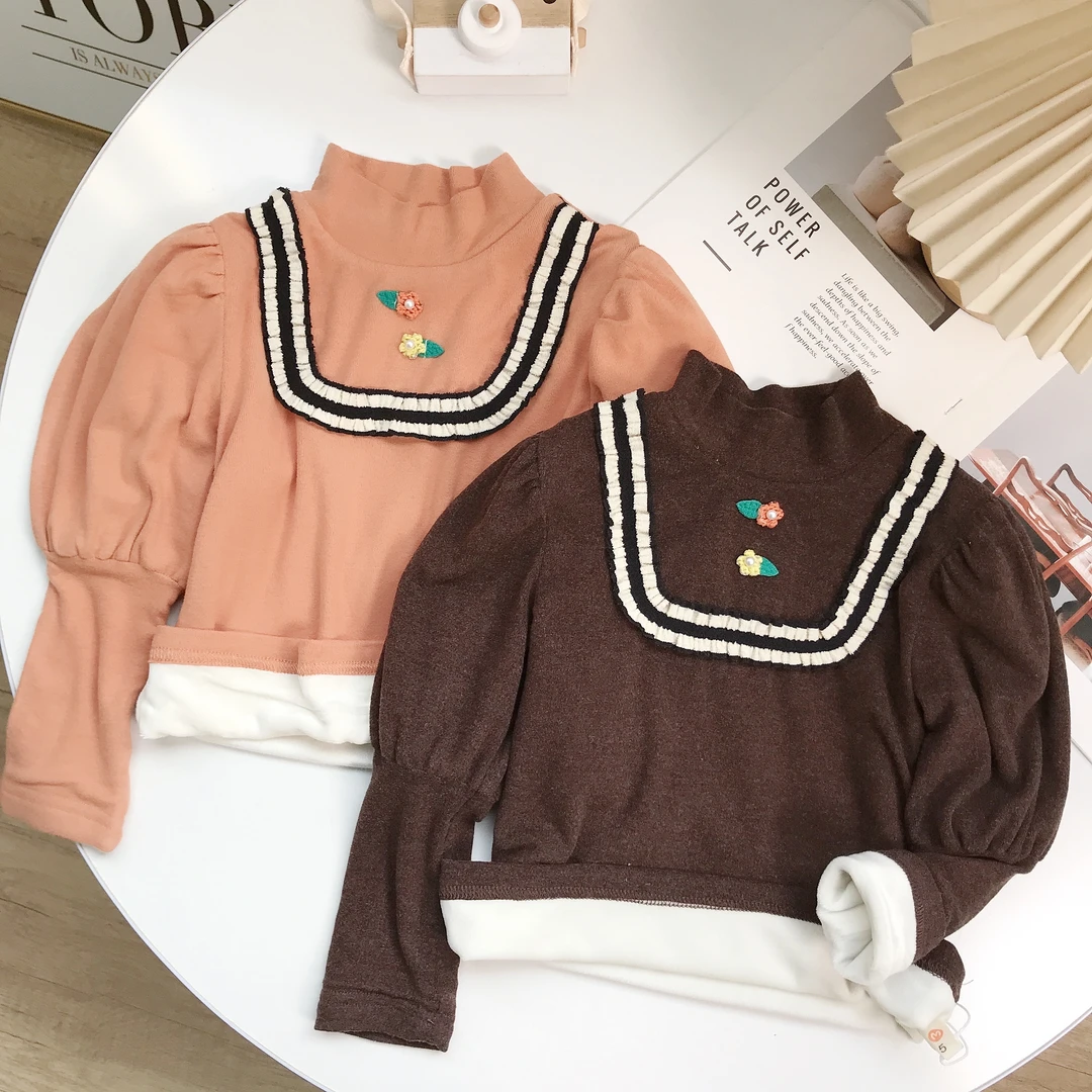 N3403儿童童装休闲洋气百搭休闲通用女童加绒小花长袖打底衫22059