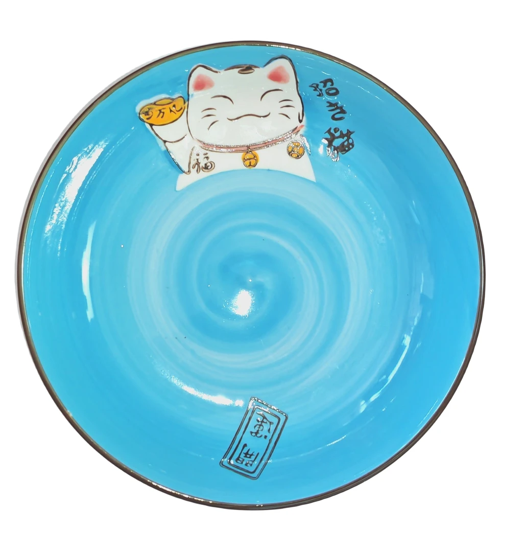 日式釉下彩家用可爱招财猫橙绿蓝三色瓷盘饭盘陶瓷个性