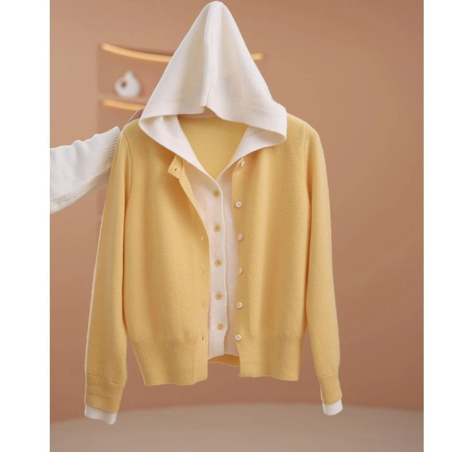 毛针织衫连帽假两件女上衣宽松休闲冬季女装开衫时尚百搭长袖外套