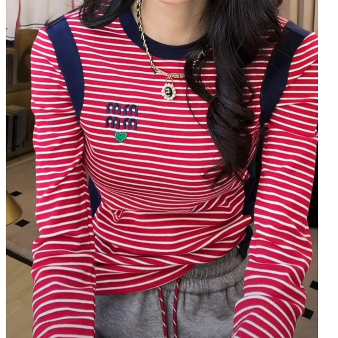 2024冬季新款时尚减龄气质打底圆领长袖百搭T恤撞色条纹上衣8057