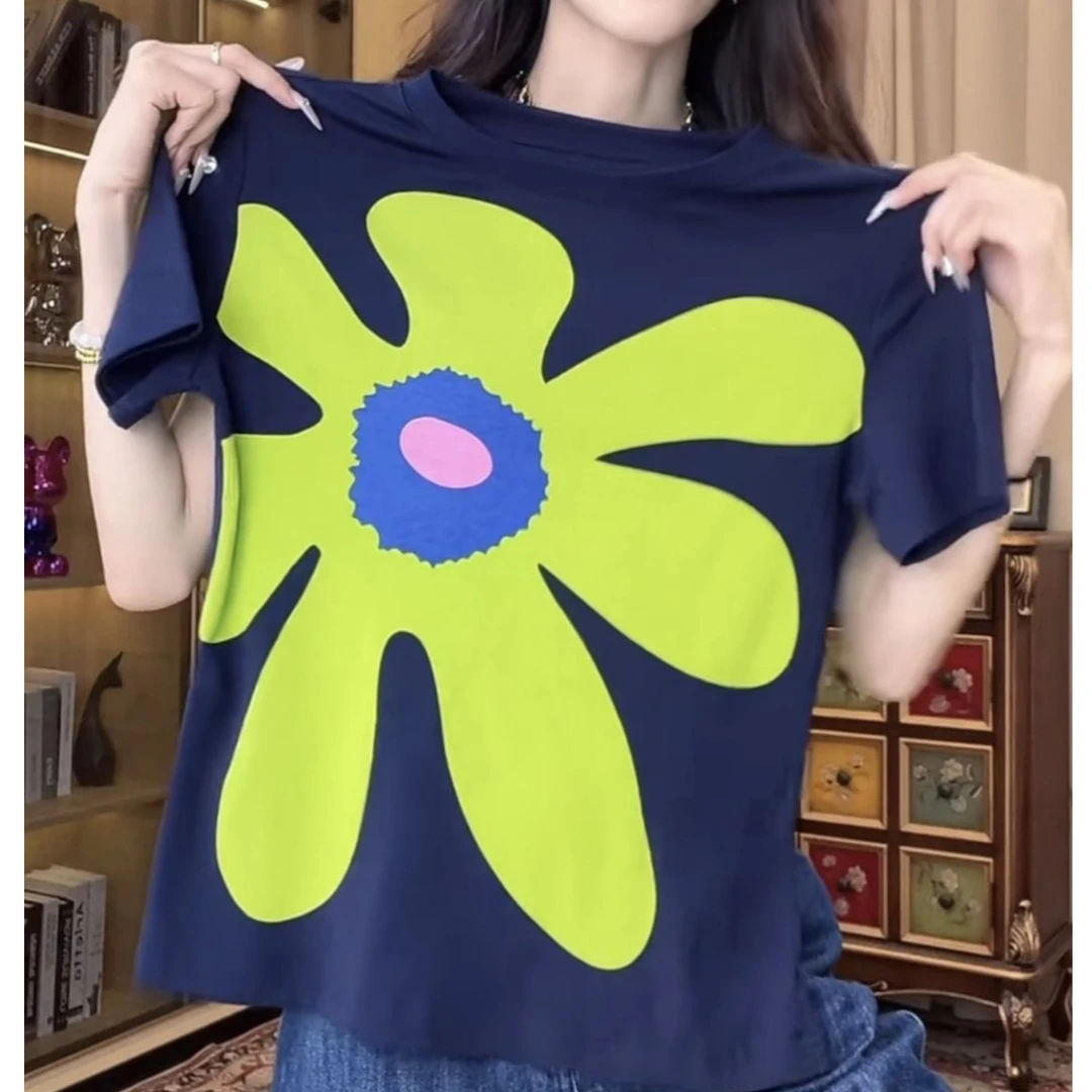 潮牌设计感花朵印花短袖T恤女夏季新款时尚百搭显瘦圆领正肩上衣