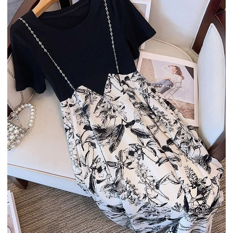 8850大码夏季胖妹妹显瘦连衣裙女假两件设计碎花拼接链条吊带裙