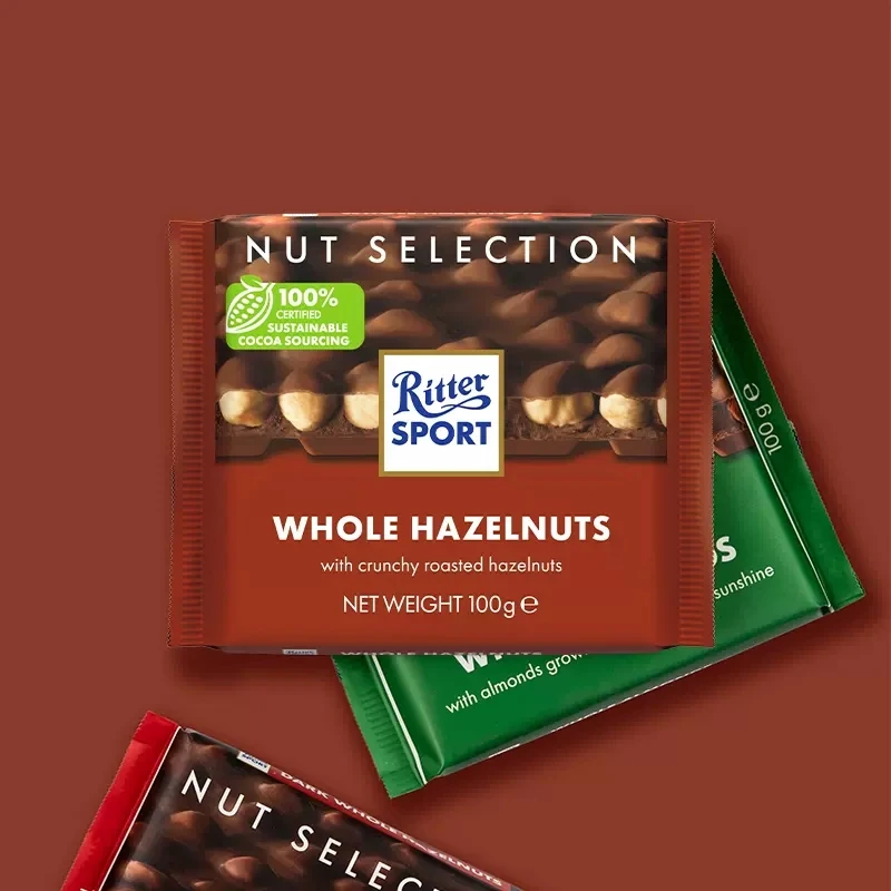 德国进口瑞特滋Ritter Sport榛子黑巧坚果夹心牛奶巧克力100g*3块