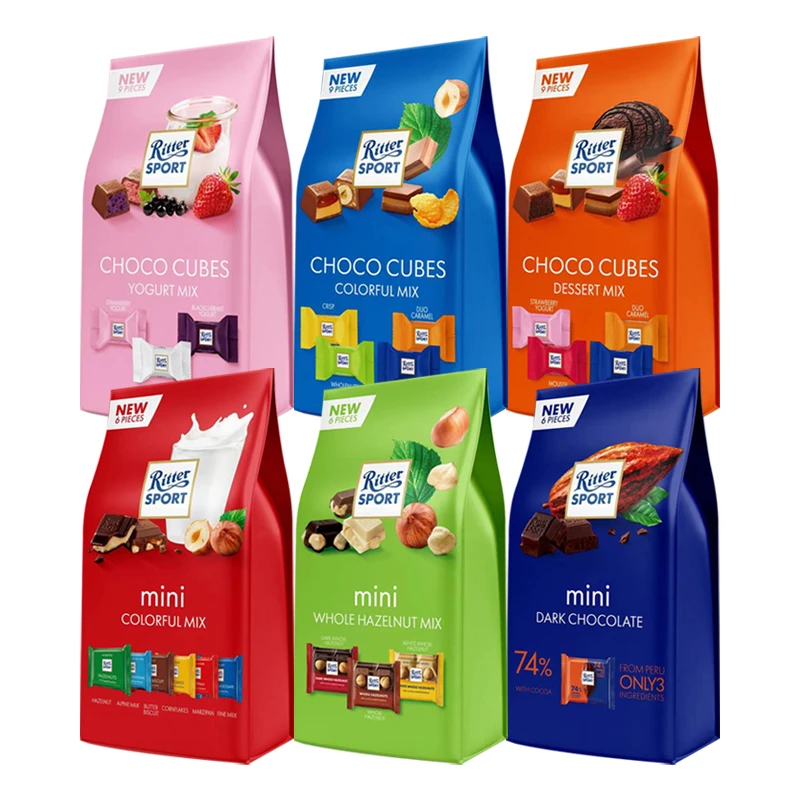 德国进口RitterSport瑞特滋迷你版夹心牛奶巧克力72g袋装黑巧零食