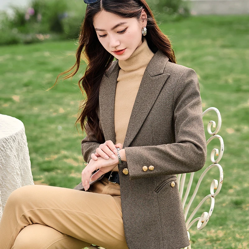 毛呢西装外套女秋冬厚款修身显瘦时尚气质西服修身显瘦职业上衣
