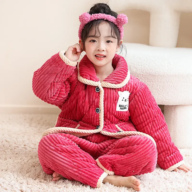 【热卖现货】儿童秋冬季法兰绒三层加棉加厚睡衣男童女童家居服套装