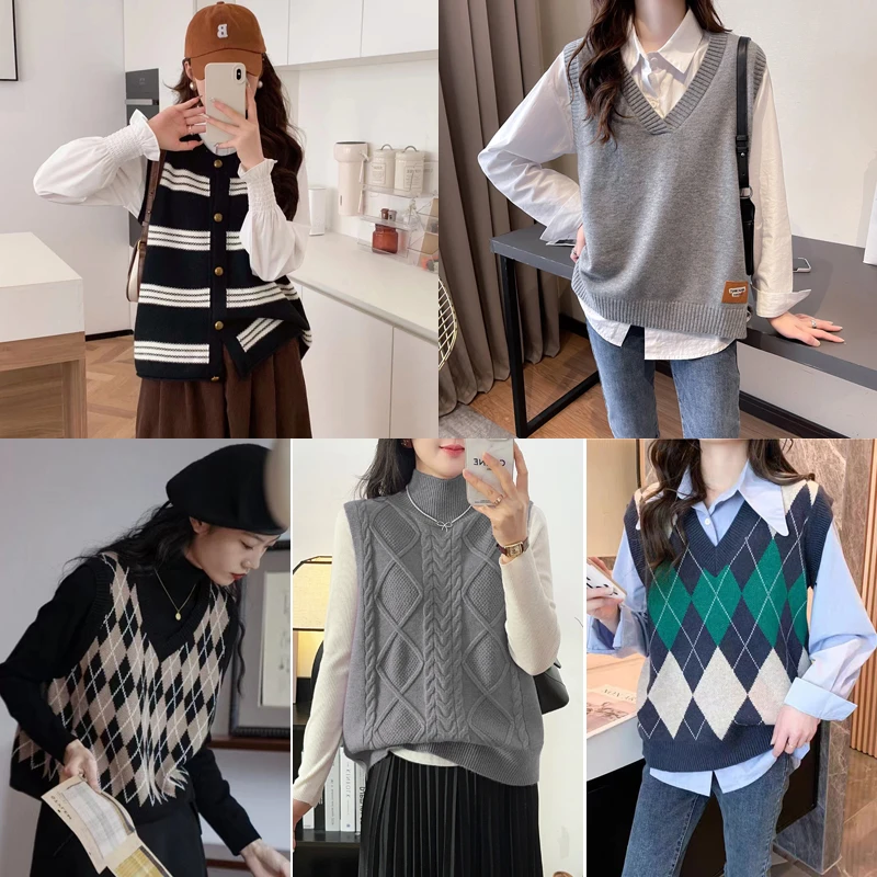 【301-499】通勤百搭时尚复古秋冬女韩版针织马甲背心无袖毛衣马夹