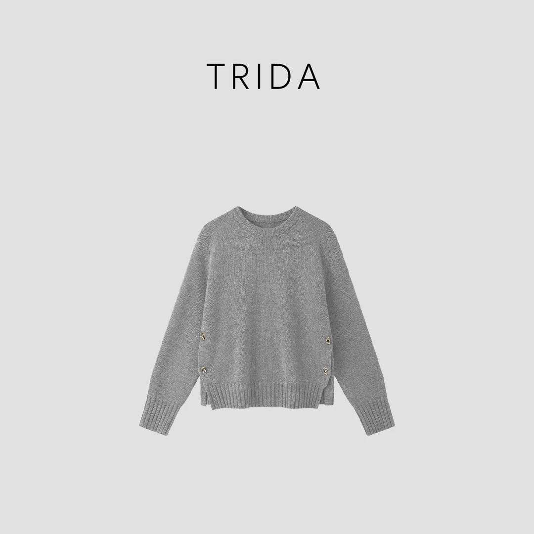 【九妹极简】灰色圆领长袖山羊绒套头休闲百搭针织衫10178A