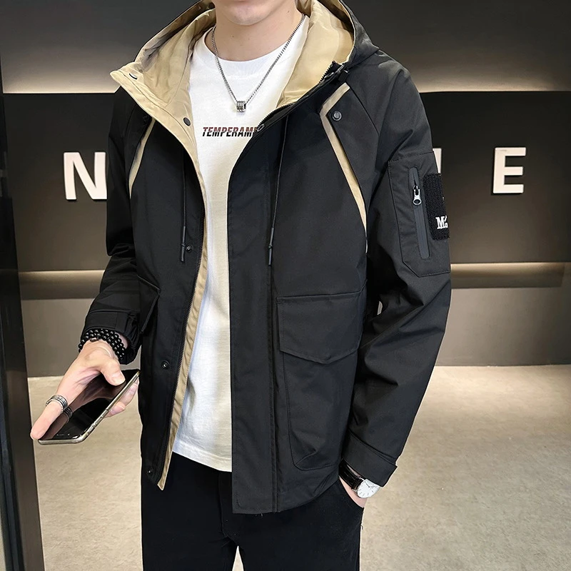 2024春季新款男士时尚短款连帽工装夹克外套潮牌百搭衣服宽松潮流