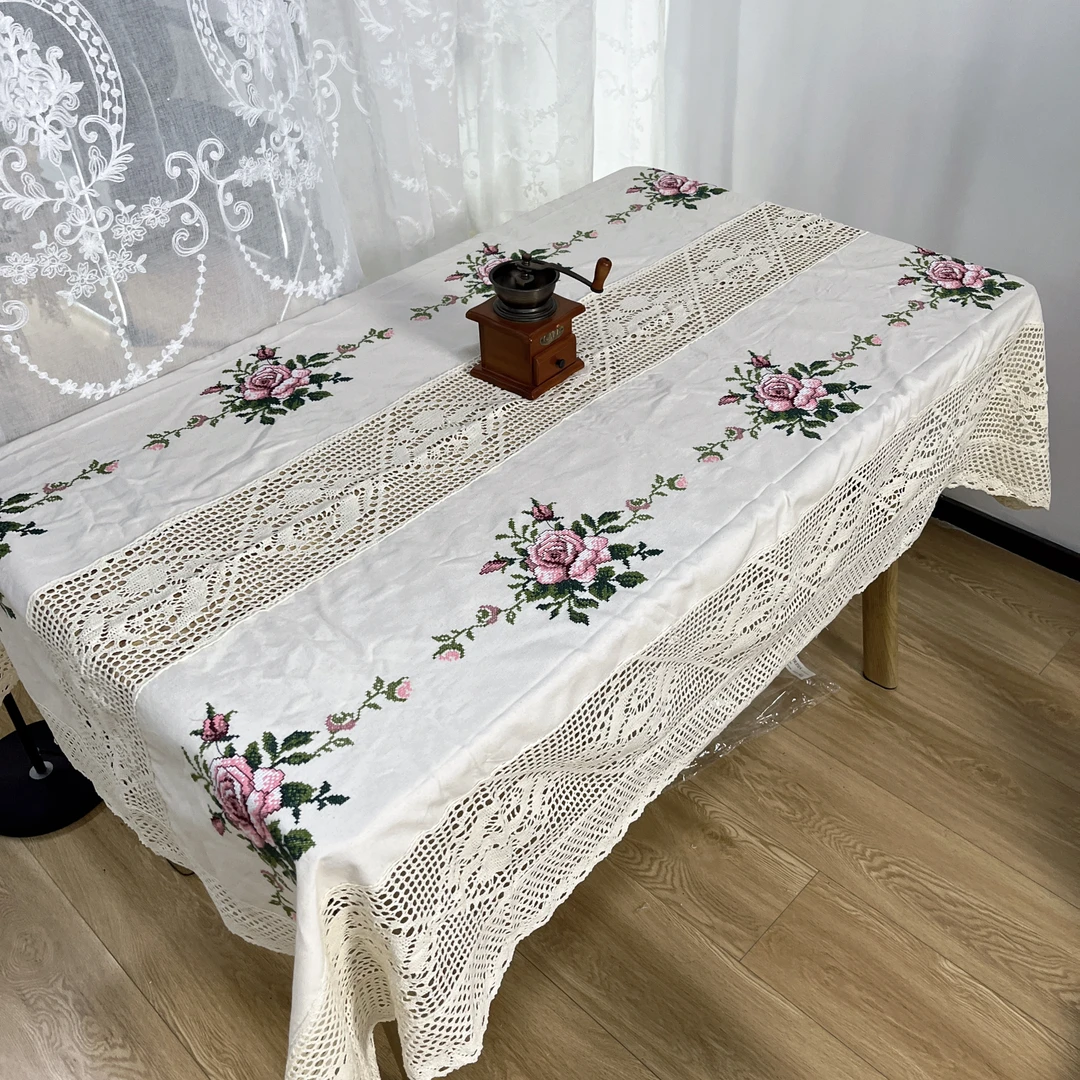 DY081-6棉质（130*175cm)米色十字绣双排浅粉牡丹花桌布