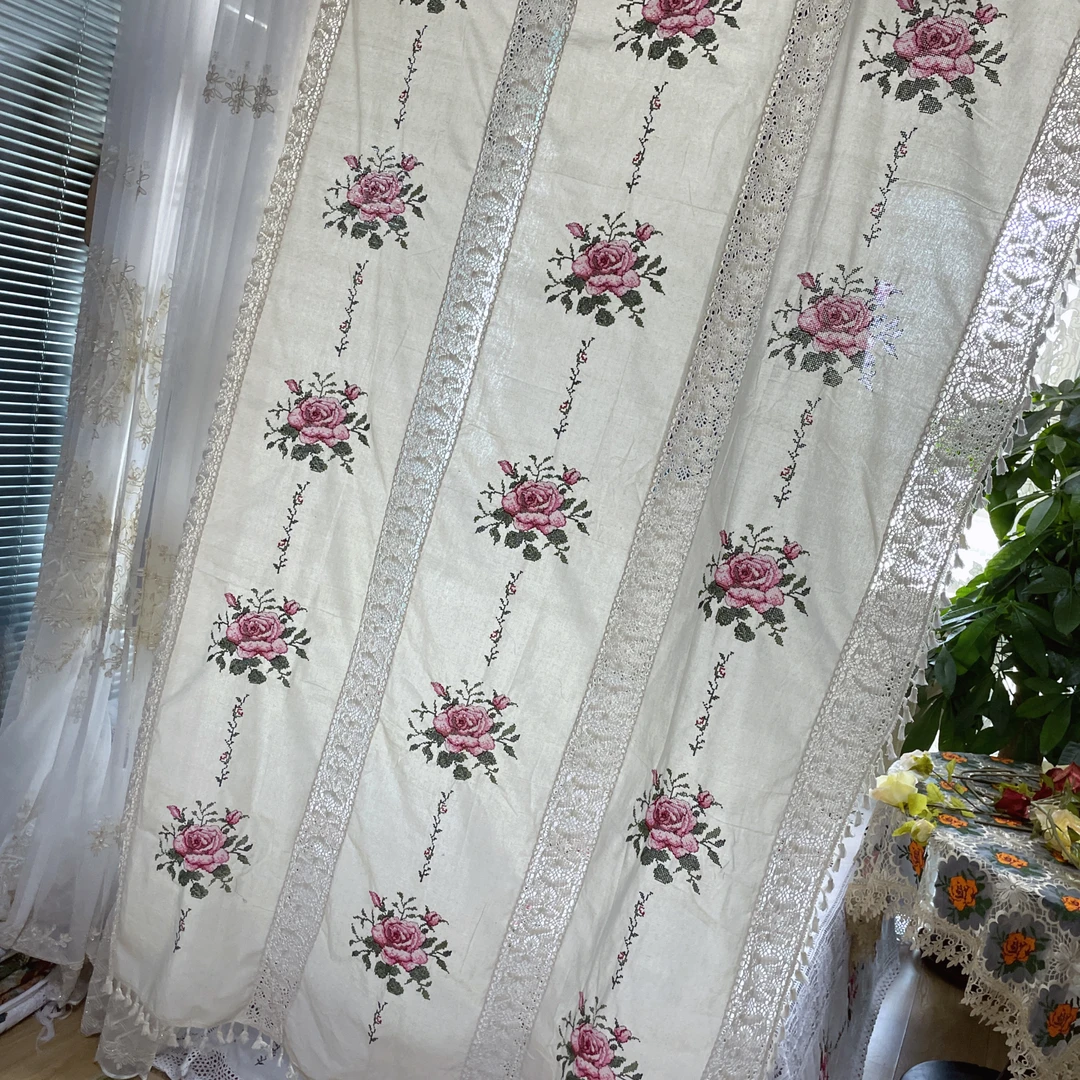 DY139-6棉麻（150*260cm）米色十字绣四排花镂空窗帘
