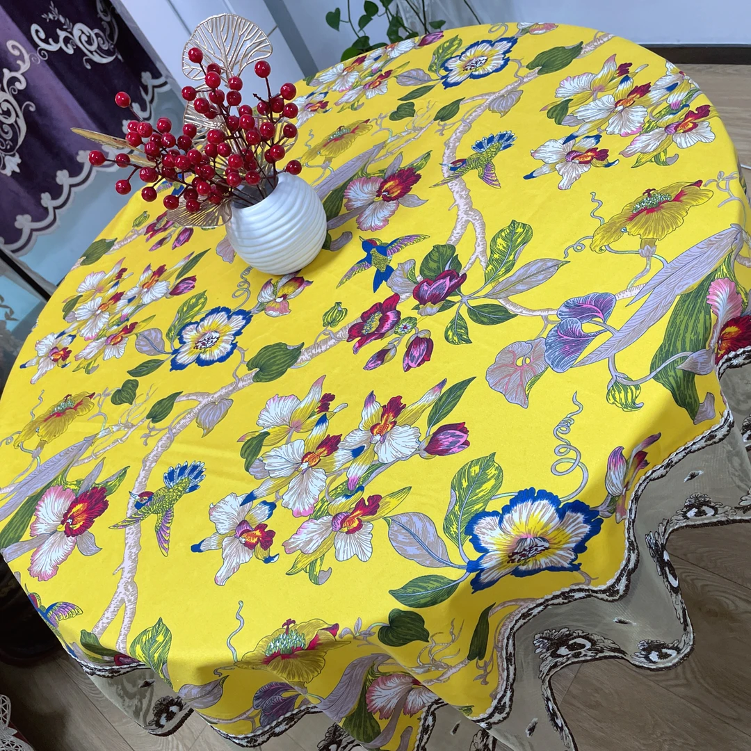 DY234-12棉麻质（130cm方）黄色蜂鸟采蜜咖色花边桌布