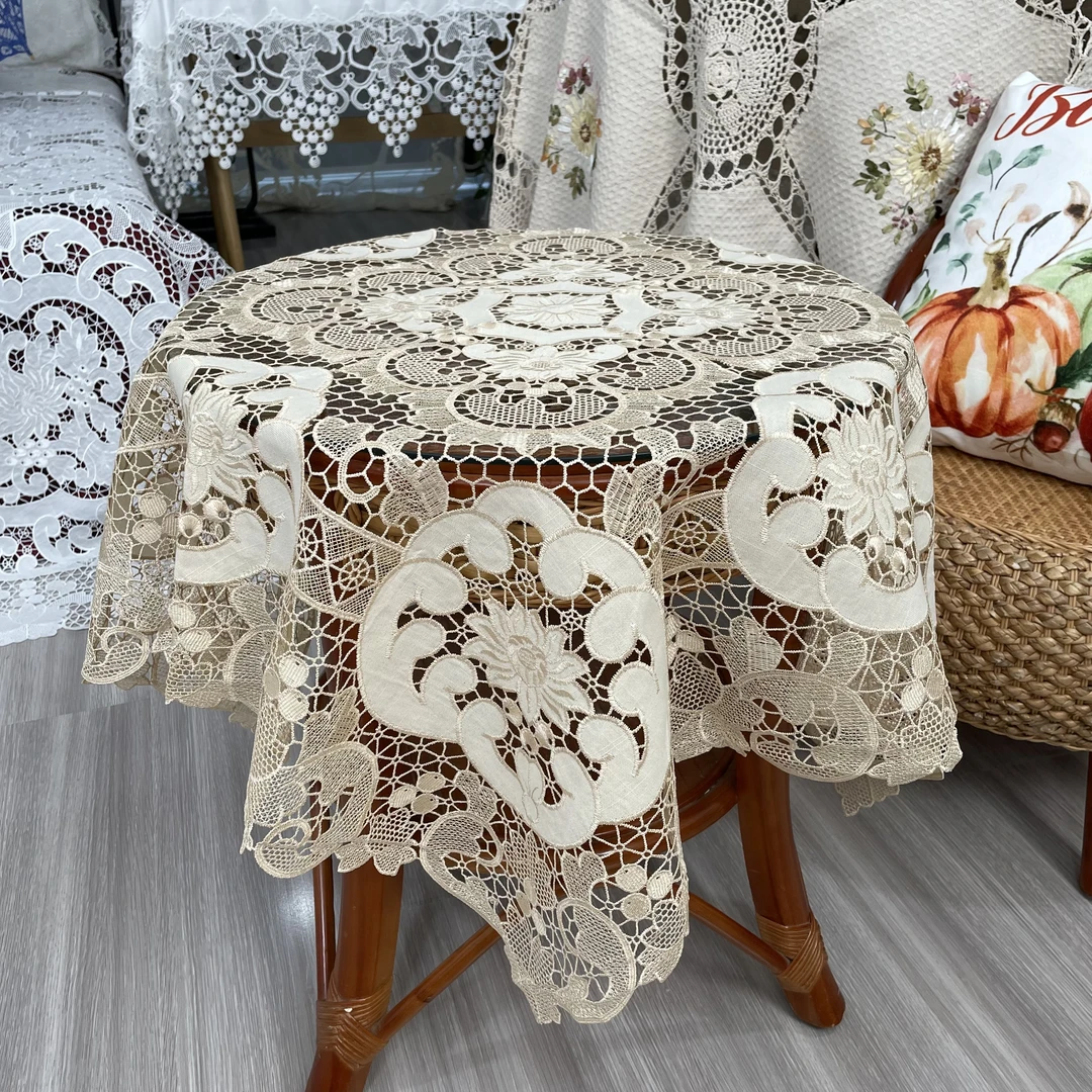 5801-4丝光线(85*85cm方）米色水溶镂空竹节麻贴绣盖巾