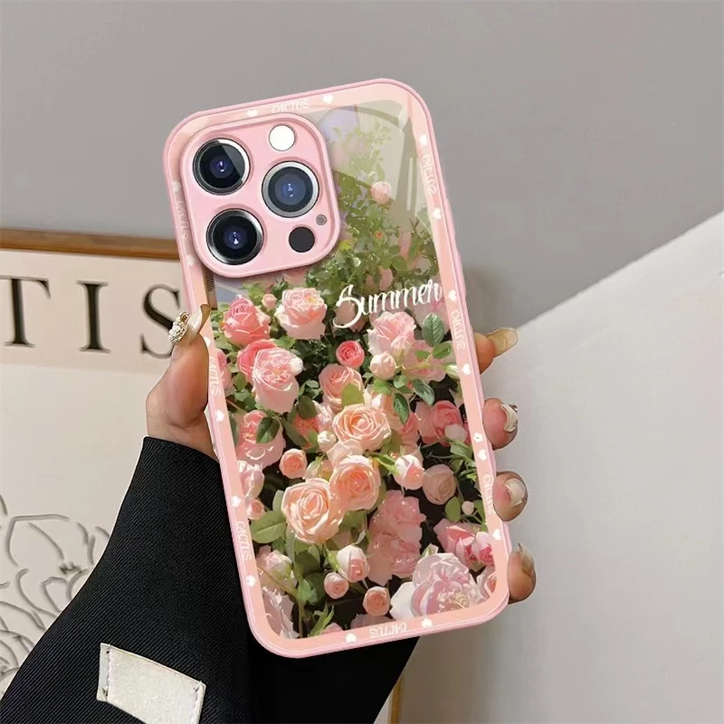 粉玫瑰花丛玻璃手机壳适用苹果14/13华为OPPO红米VIVO少女保护套