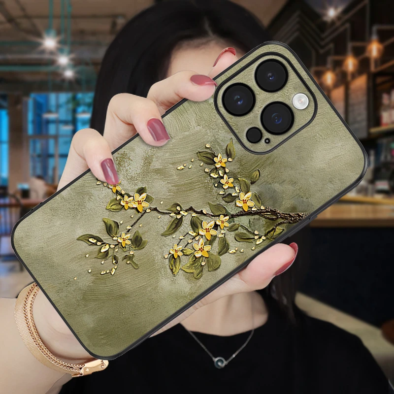 苹果15华为/oppo/vivo绿墨荼蘼手机壳14promax高端高档网红国风女