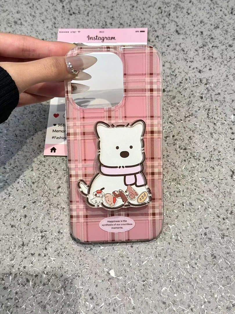 粉格纹围巾西高地狗狗支架适用苹果16/15promax手机壳iPhone12防