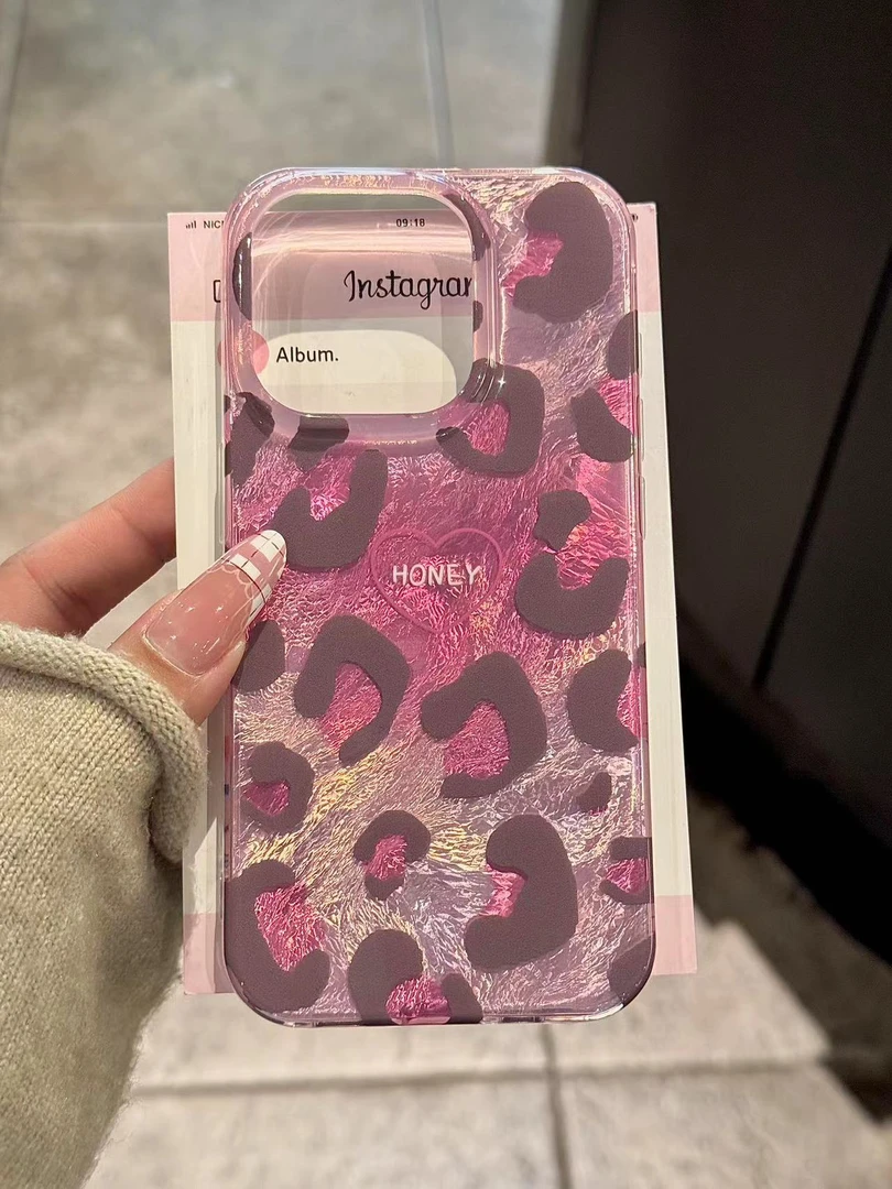 ins粉色爱心豹纹适用苹果16/15pro手机壳iPhone12防摔11可爱xr/xs