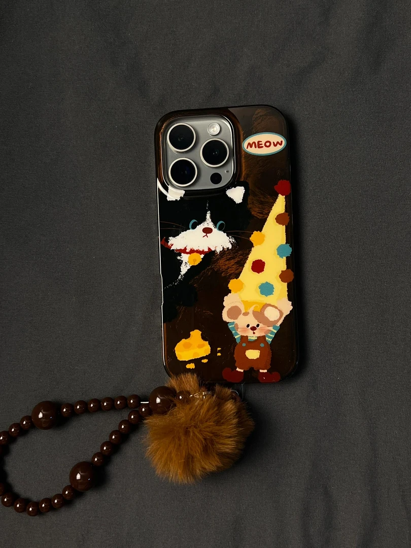 涂鸦油画波点猫咪不带链条适用苹果16/15promax手机壳iPhone12防