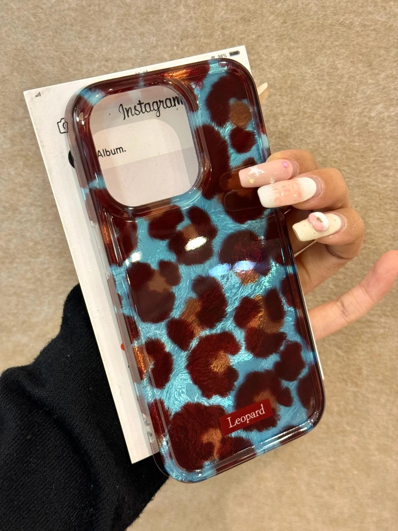 唯美ins美式复古撞色豹纹适用苹果16/15promax手机壳iPhone12防摔