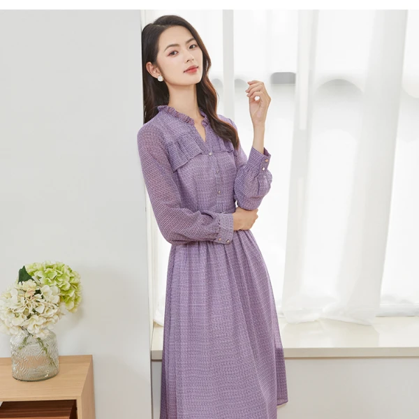 【商场同款】JESSIE浪漫双色格纹紫木耳边V领修身连衣裙女春夏款