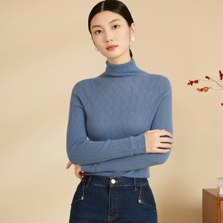 JESSIE蓝色高领修身羊毛混纺套头内搭毛衣保暖上衣