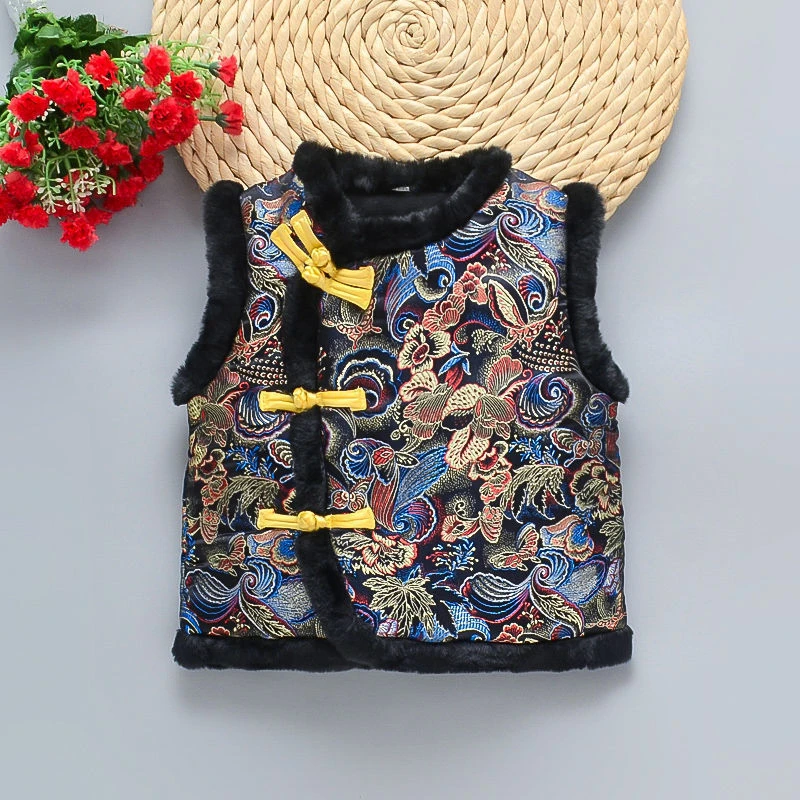 儿童新年马甲新中式拜年服织锦缎唐装国风棉马甲幼儿园新年表演服