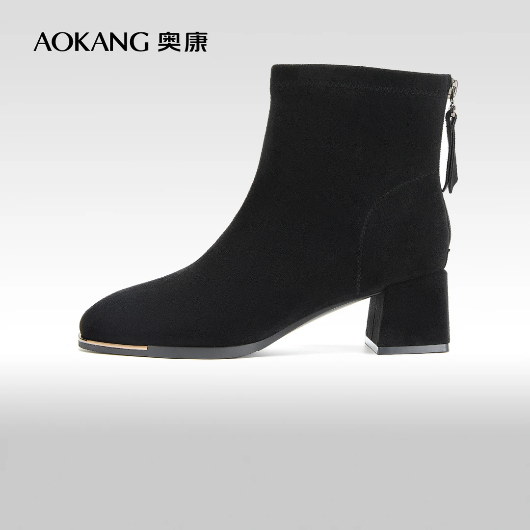 奥康女鞋 2024冬季新款方头绒面时尚百搭粗跟时装短靴中筒瘦瘦靴