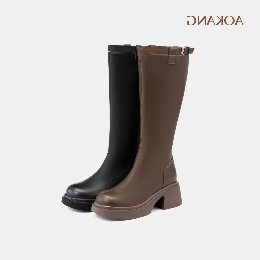 奥康女鞋 2024冬季新款时尚百搭皮带扣骑士靴气质机能风高筒靴