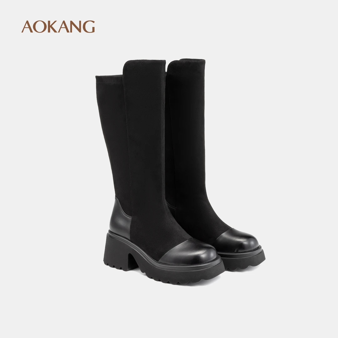 奥康女鞋 2024冬季新款拼接长筒时装女靴粗跟增高套筒不过膝靴