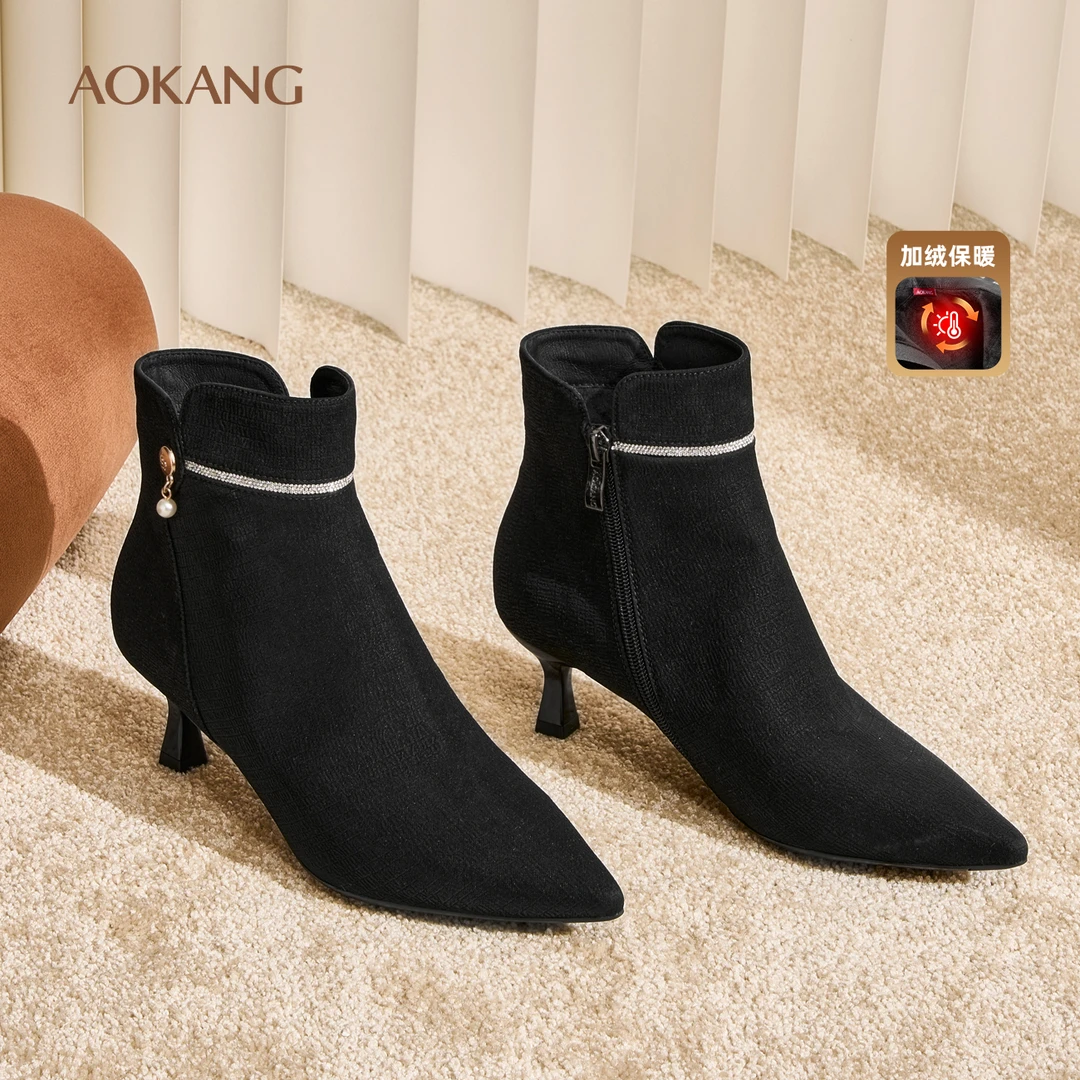 [叠加态保暖科技]奥康女鞋2024冬季新款细跟薄绒时尚百搭时装短靴
