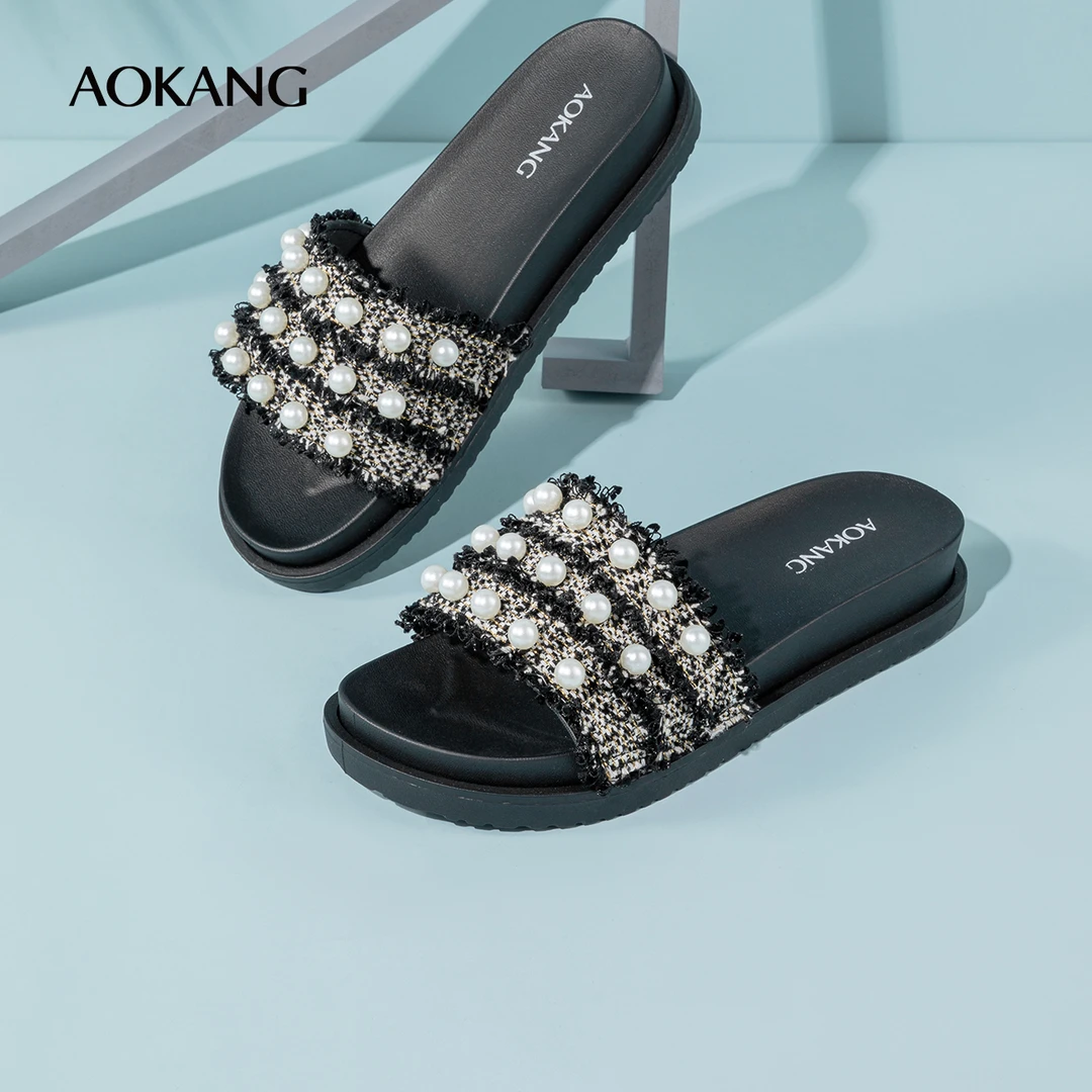 【柔光珠】奥康女鞋秋季新款小香风珍珠拖鞋平底舒适休闲凉拖时尚拖