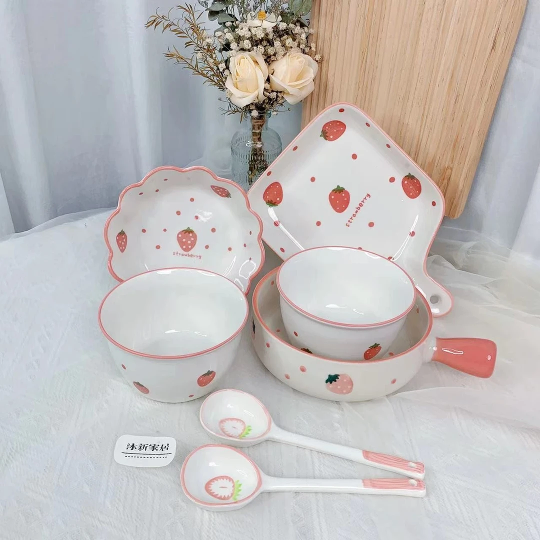 主播宠粉 卡通高颜值陶瓷微波炉专用碗可爱少女心 波点草莓7件套