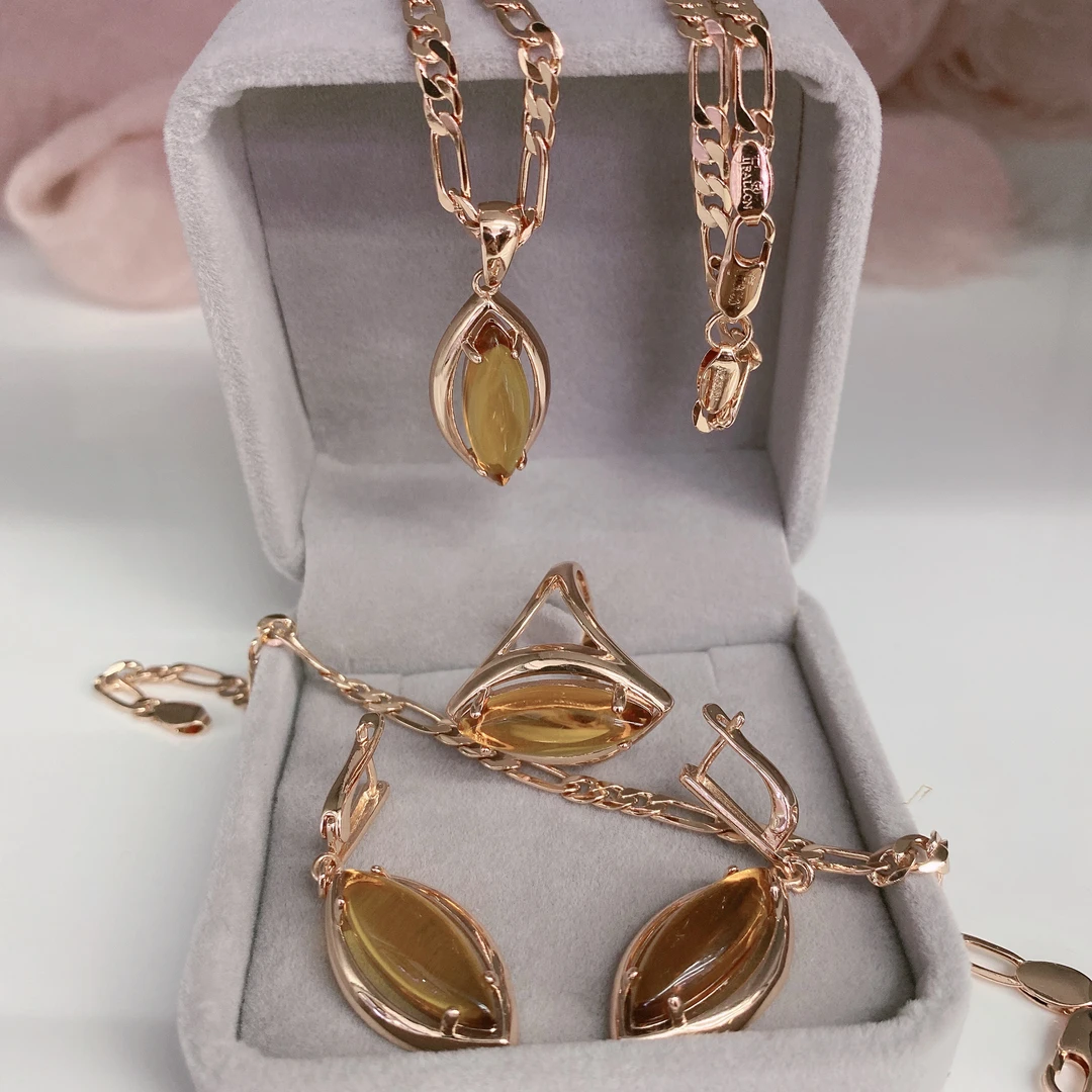 铜合金耳饰 017不掉色铜镀俄罗斯红金585耳环链气质轻奢欧美套装